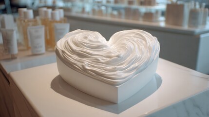 White heart-shaped cream displayed on a marble table in a spa environment, highlighting relaxation and luxury