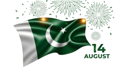 Pakistan flag waving with fireworks and 14 august text, celebrating independence day isolated on transparent background