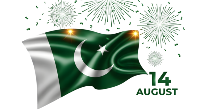 Pakistan flag waving with fireworks and 14 august text, celebrating independence day isolated on transparent background