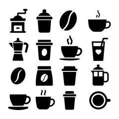 Illustration of a black coffee and coffee accessories icon isolated on a white background