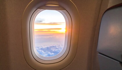 Airplane window view of sunrise over clouds