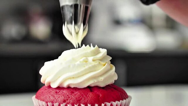 Cupcake. Cute Cupcake with Decorative Cream and Sprinkles. Delicious Cupcake with Frosting and Toppings. Sweet Cupcake Dessert. Spuit topping of a cupcake