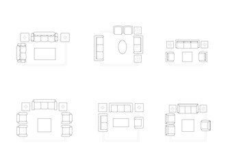 Detailed top view architectural drawing of sofa and living room furniture layout, perfect for floor plans, interior design projects, and architectural presentations