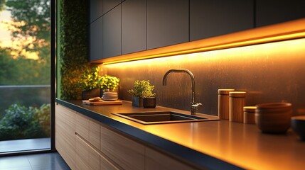 Modern kitchen design: warm under-cabinet lighting, dark and wood cabinets, sleek sink, indoor plants, and outdoor garden view. A minimalist, sophisticated, nature-integrated culinary space.