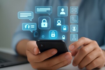 Close-Up of Hands Holding Smartphone with Holographic Chat Interface, Glowing Message Bubbles, User Icons, and Lock Symbols, Modern Digital Communication Concept, Blurred Laptop Background