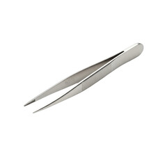 High-precision fine-point silver-toned metal tweezers, sleek and slender with perfectly aligned delicate tips, on a pure brilliant transparent background with shadowless lighting, concept of