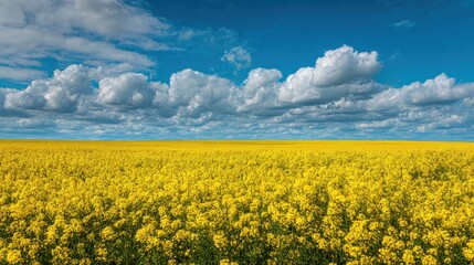 Fototapeta premium Field of yellow flowers under blue sky with white clouds, for spring backdrop
