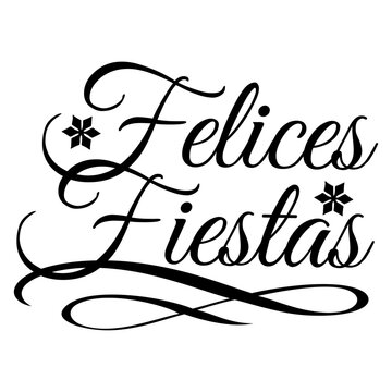 Logo texto manuscrito Felices Fiestas en espa&ntilde;ol con voluta y estrellas
