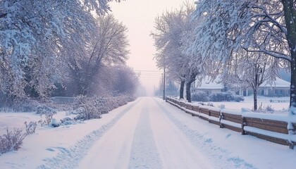 Obraz premium Serene Winter Landscape Snow-Covered Road Winding Through Tall Trees Leading to a Cozy Home