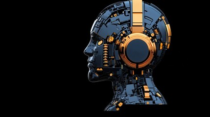 Product Innovation Bot Concept. Futuristic robotic head with headphones showcasing advanced technology and innovation features