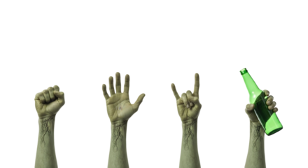 Four raised hands with different gestures, including a fist, open palm, rock and roll sign, and holding a beer bottle, isolated on transparent background