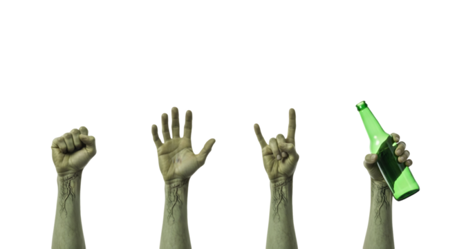 Four raised hands with different gestures, including a fist, open palm, rock and roll sign, and holding a beer bottle, isolated on transparent background