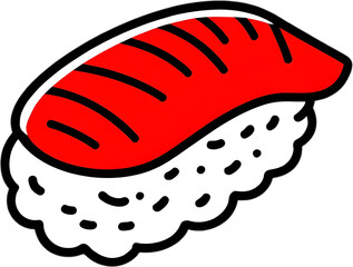 A minimalist and playful illustration of a single sushi nigiri, featuring white rice and a bright red slice of tuna. 