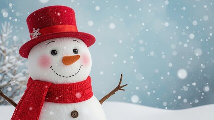 A cheerful snowman stands happily on a snowy winter background, surrounded by snow-covered trees and a bright, clear sky, creating a joyful and festive atmosphere