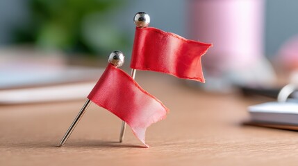 Two red flags pinned on a wooden surface, symbolizing alerts or warnings.