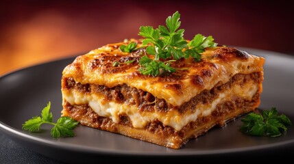 Delicious Lasagna Layered with Meat and Cheese Home Kitchen Close-Up Photography Warm Light Comfort Food
