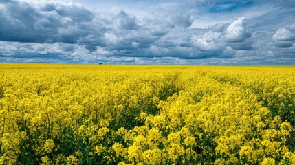 Fototapeta premium Blooming canola field, against cloudy sky, landscape scene for agricultural use