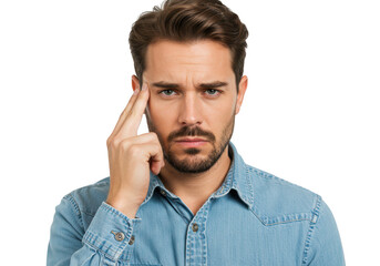 Caucasian man with brown hair and beard touching his temple with his finger, isolated on transparent background