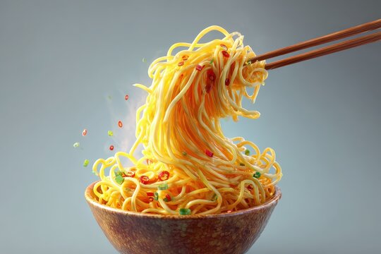 Flying Chinese noodles captured in a moment of delightful realism with vibrant colors and intricate details showcasing the beauty of trepan food innovation