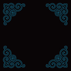 Ornate black line art corners with swirl patterns elegantly decorate the background.