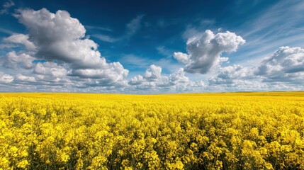 Obraz premium Flowering field under blue sky with clouds. Spring, growth, farming concept