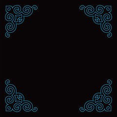Four ornamental scroll corners display a classic symmetrical black line art design.