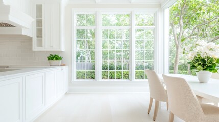 Beige and White Kitchen Dining area in a beige and white kitchen with a white dining table, beige chairs, and a large window overlooking a garden.