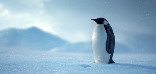Obraz premium The Majestic Penguin Standing Alone in a Snowy Landscape