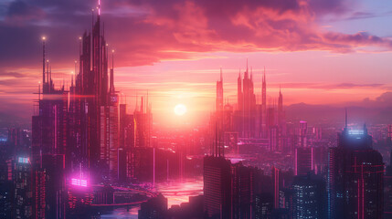 Fototapeta premium Futuristic cityscape bathed in vibrant sunset hues, modern urban design