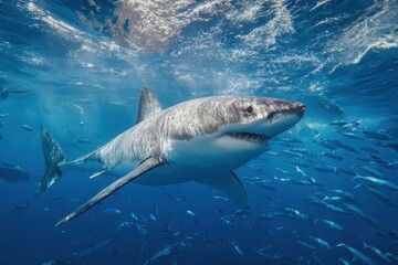 Fototapeta premium Diving below the surface, a great white shark swims gracefully in the deep blue ocean surrounded by smaller fish in a vibrant underwater habitat