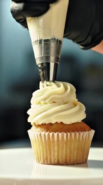 Cupcake. Cute Cupcake with Decorative Cream and Sprinkles. Delicious Cupcake with Frosting and Toppings. Spuit topping of a cupcake
