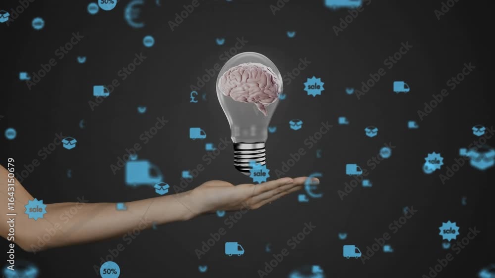 Poster commerce icons drifting before forearm entering and showing rotating brain lightbulb for ideas