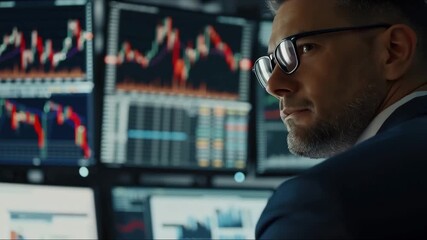 Financial Analyst Working on a Computer with Multi-Monitor Workstation with Real-Time Stocks, Commodities and Exchange Market Charts. Businessman Works in Investment Bank Downtown Office at Night. - Powered by Adobe