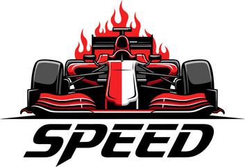 Obraz premium A dynamic red and black Formula 1 race car illustration, engulfed in flames, powerfully symbolizing extreme speed and competitive motorsport.