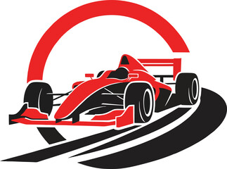 Fototapeta premium A sleek red Formula 1 racing car speeds dynamically around a stylized track curve, depicted as a modern vector graphic icon or emblem for motorsport events.