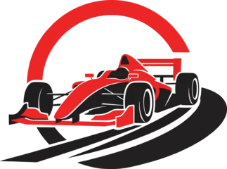 Fototapete Rund F1 A sleek red Formula 1 racing car speeds dynamically around a stylized track curve, depicted as a modern vector graphic icon or emblem for motorsport events.  © Tanska