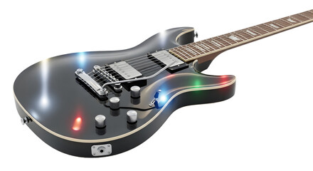 Obraz premium A black electric guitar adorned with colorful led lights, ready for a musical performance, isolated on a transparent background