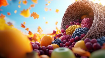 seasonal Thanksgiving Cornucopia overflowing with fruits, vegetables, and grains, symbolizing the abundance and harvest of the Thanksgiving season.