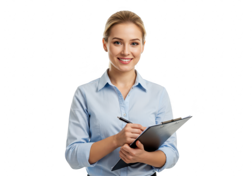 Smiling business woman holding clipboard and pen writing document isolated on transparent background