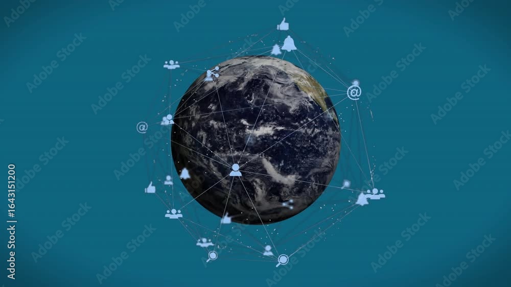 Poster on start globe with expanding network icons on teal background rotating showing global connectivity