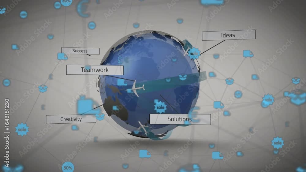 Poster globe appearing sparking network showing icons labeling ideas solutions teamwork creativity success