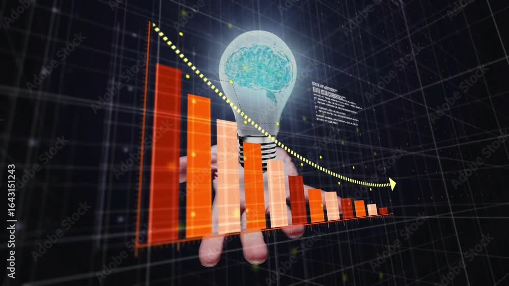 Poster hand sliding bar chart into view on 3d grid visualizing declining trend with brain bulb