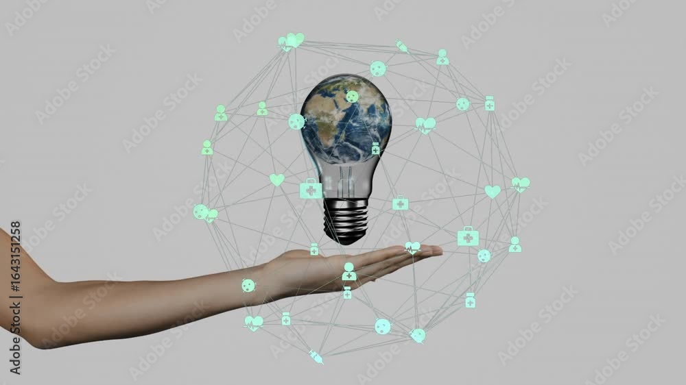 Poster forearm entering left guiding descending lightbulb with rotating earth into pulsing icon network