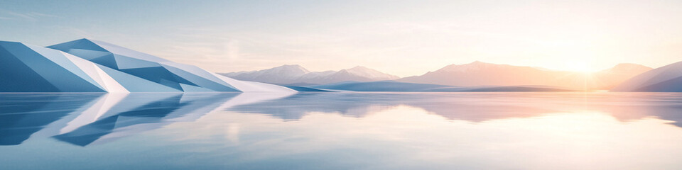 Obraz premium Geometric horizon lines over calm lake in icy morning light