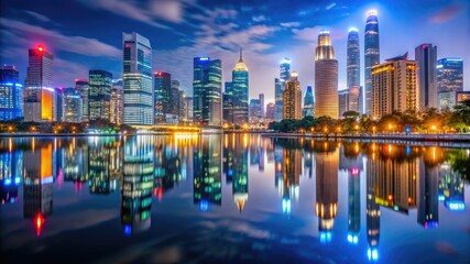 Obraz premium night city skyline with illuminated skyscrapers reflected on a river.