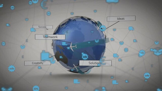 Globe appearing sparking network showing icons labeling Ideas Solutions Teamwork Creativity Success