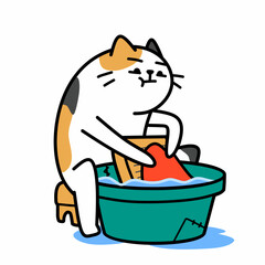 Cartoon illustration of a calico cat doing parody some human activities, funny cartoon character design, flat design, cartoon meme