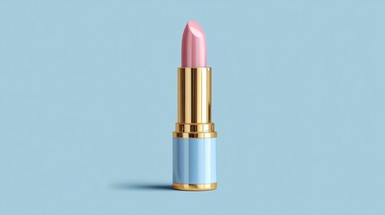 Lipstick placed elegantly against a pastel blue background showcasing a soft pink shade and luxurious packaging