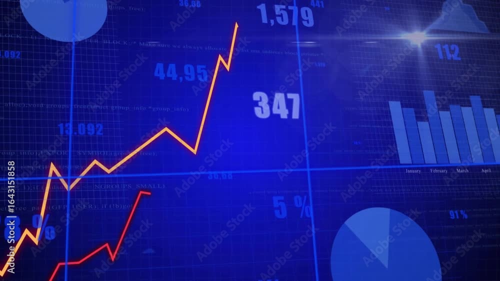 Poster opening grid animating dashboard bar charts rising orange line tracking red line updating values