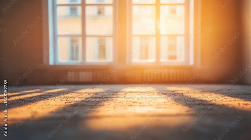 Poster sunlight illuminating an empty room with large windows at sunset